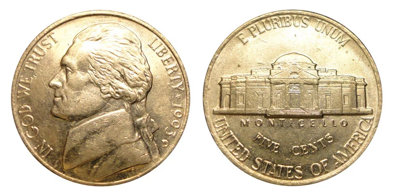 1993-P Jefferson nickel obverse and reverse showing full coin detail