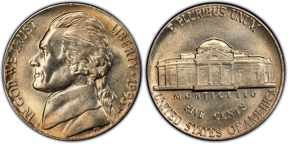 1993 Jefferson nickel Monticello steps comparison: common weak strike (left) versus rare Full Steps example (right)