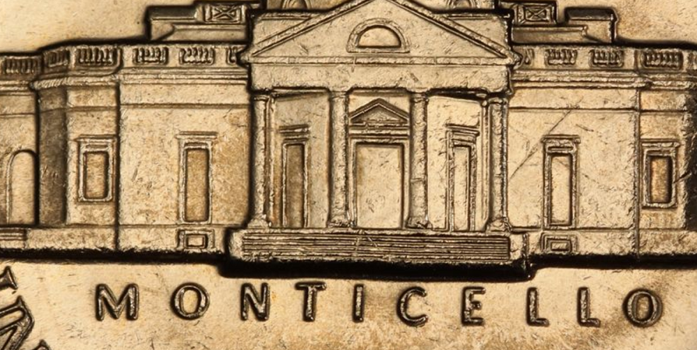 1993-D Jefferson nickel Full Steps reverse showing five uninterrupted Monticello step lines under magnification