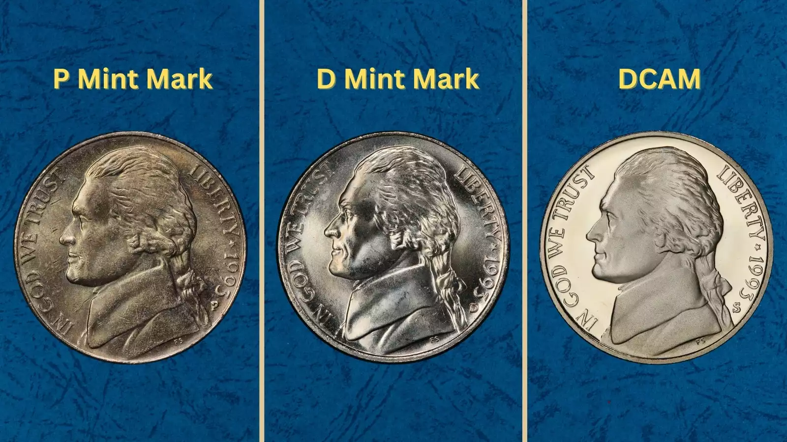 Group of uncirculated 1993 Jefferson nickels from Philadelphia, Denver, and San Francisco mints showing all three mint mark varieties