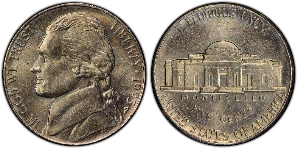 1993 Jefferson nickel grading strip showing four condition tiers from worn to gem uncirculated with grade labels